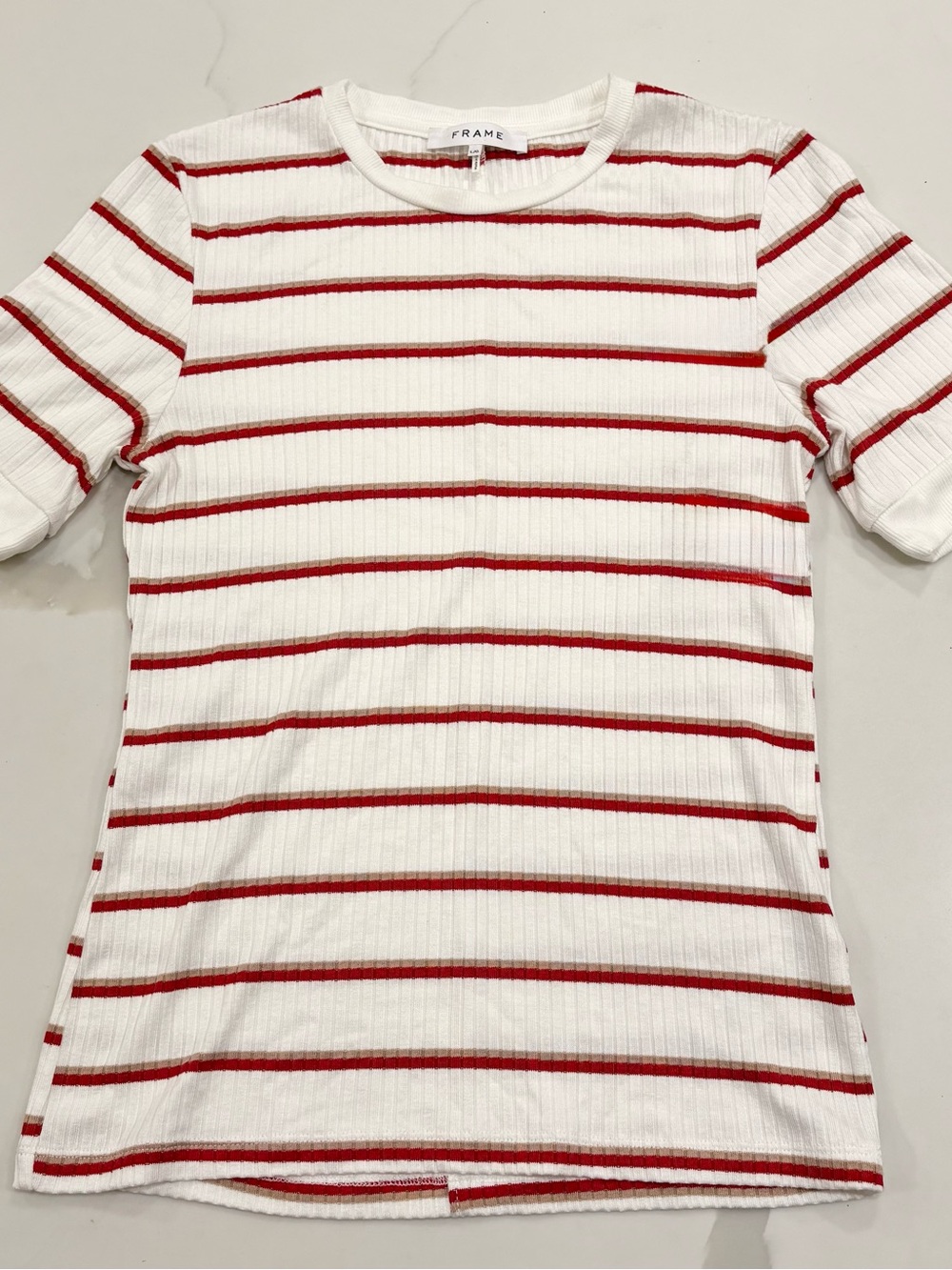FRAME White and Red/beige Stripped Ribbed Short Sleeve Tee, Sz Large